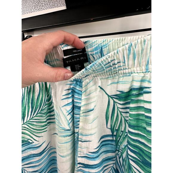 Tahari 100% Linen Blue & Green Tropical Palm Leave Wide Leg Crop Pull On Pant L - Picture 5 of 5